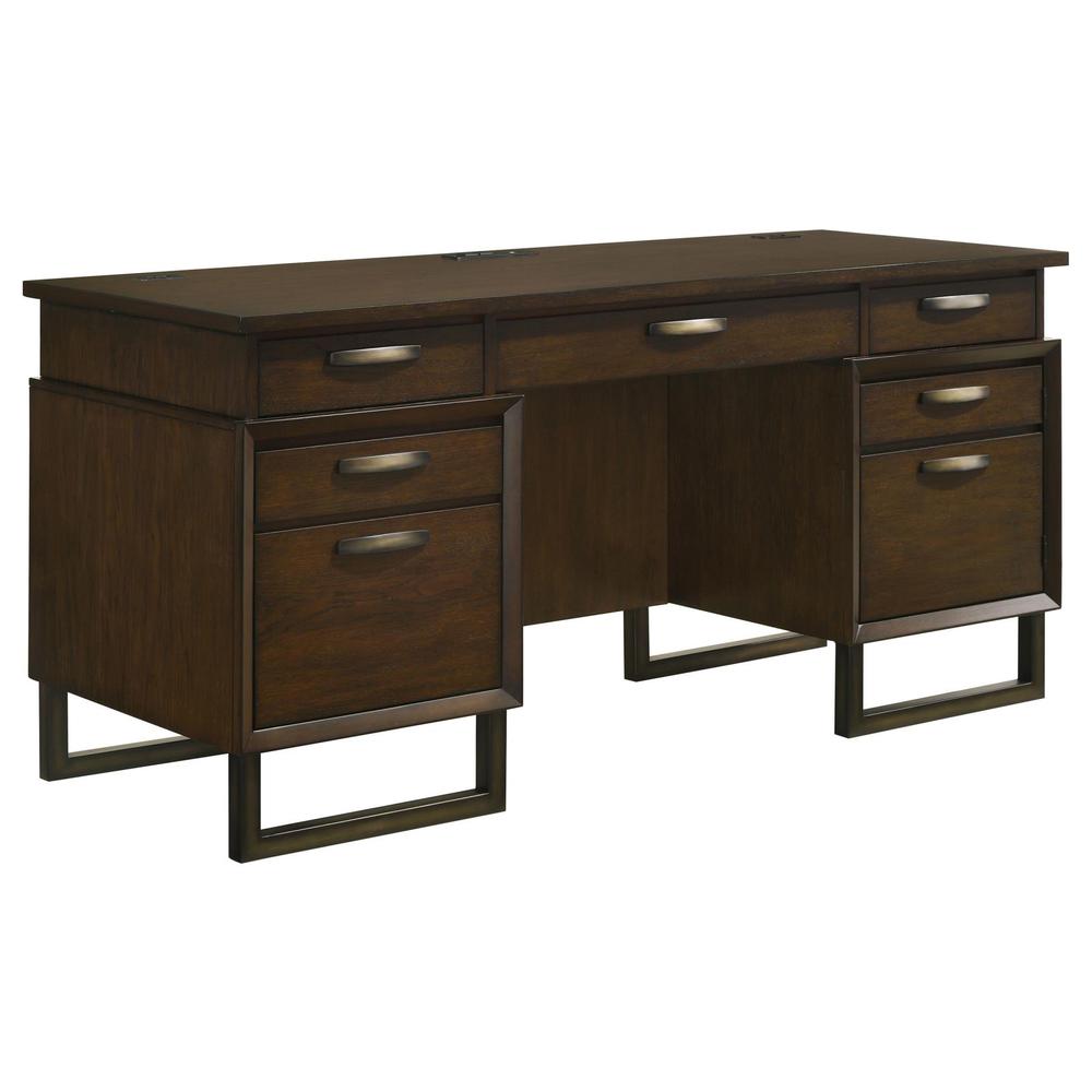 Marshall 5-drawer Credenza Desk With Power Outlet Dark Walnut and Gunmetal. Picture 14
