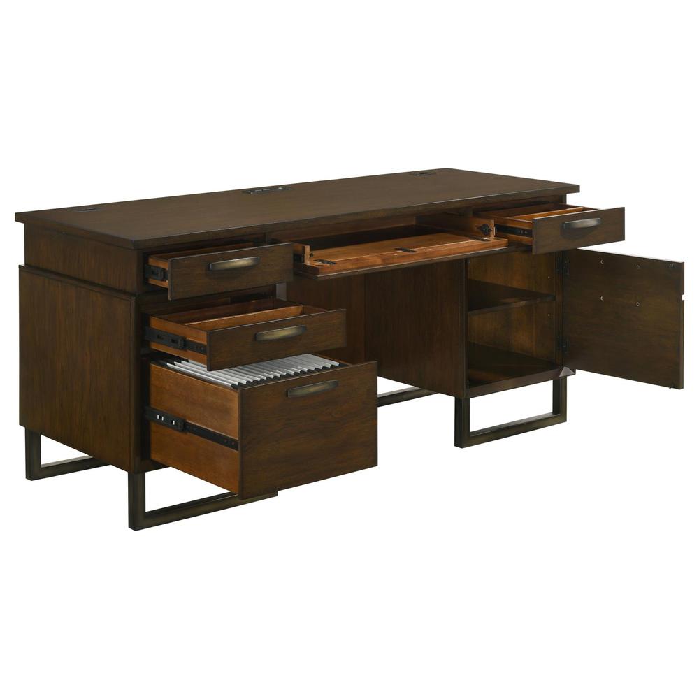 Marshall 5-drawer Credenza Desk With Power Outlet Dark Walnut and Gunmetal. Picture 1