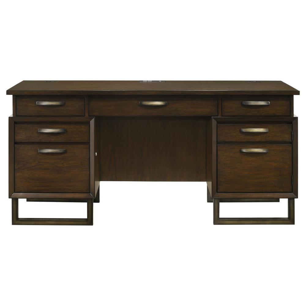Marshall 5-drawer Credenza Desk With Power Outlet Dark Walnut and Gunmetal. Picture 2