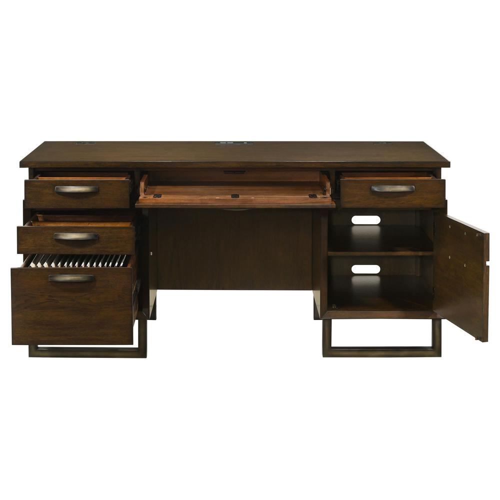 Marshall 5-drawer Credenza Desk With Power Outlet Dark Walnut and Gunmetal. Picture 3