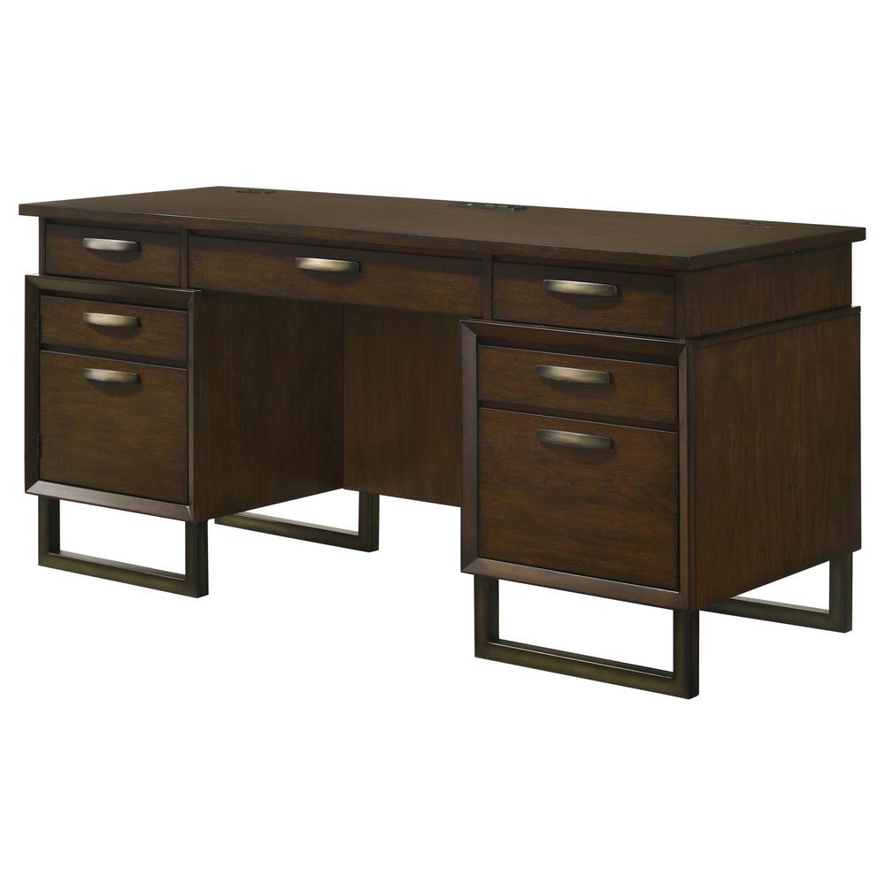 Marshall 5-drawer Credenza Desk With Power Outlet Dark Walnut and Gunmetal. Picture 4