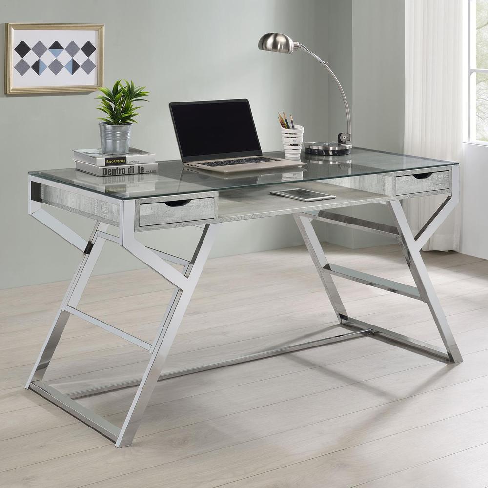 Emelle 2-drawer Glass Top Writing Desk Grey Driftwood and Chrome. Picture 1