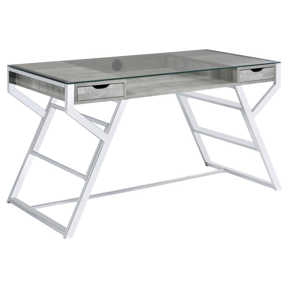 Emelle 2-drawer Glass Top Writing Desk Grey Driftwood and Chrome. Picture 2