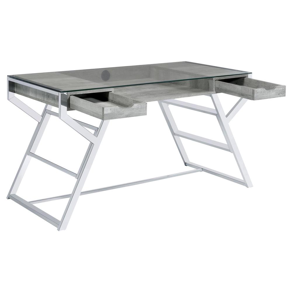Emelle 2-drawer Glass Top Writing Desk Grey Driftwood and Chrome. Picture 3
