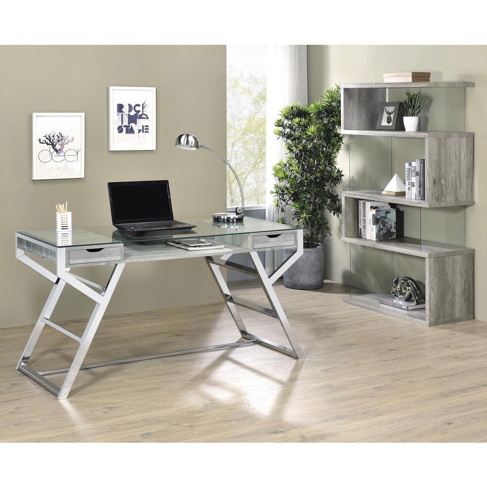 Emelle 2-drawer Glass Top Writing Desk Grey Driftwood and Chrome. Picture 6