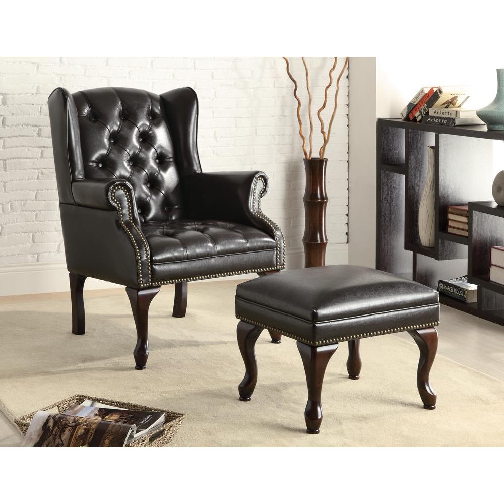 Roberts Button Tufted Back Accent Chair with Ottoman Black and Espresso. Picture 1