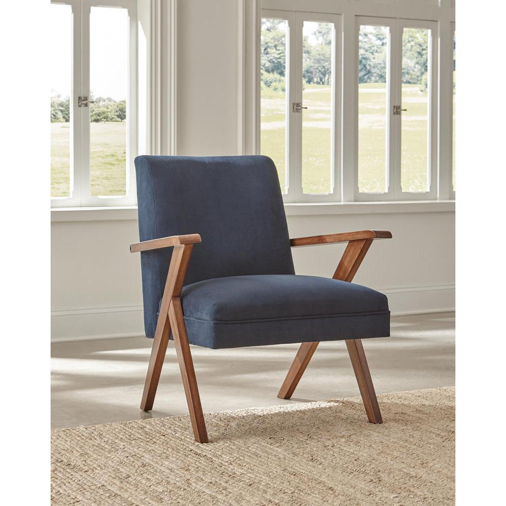 Cheryl Wooden Arms Accent Chair Dark Blue and Walnut. Picture 1