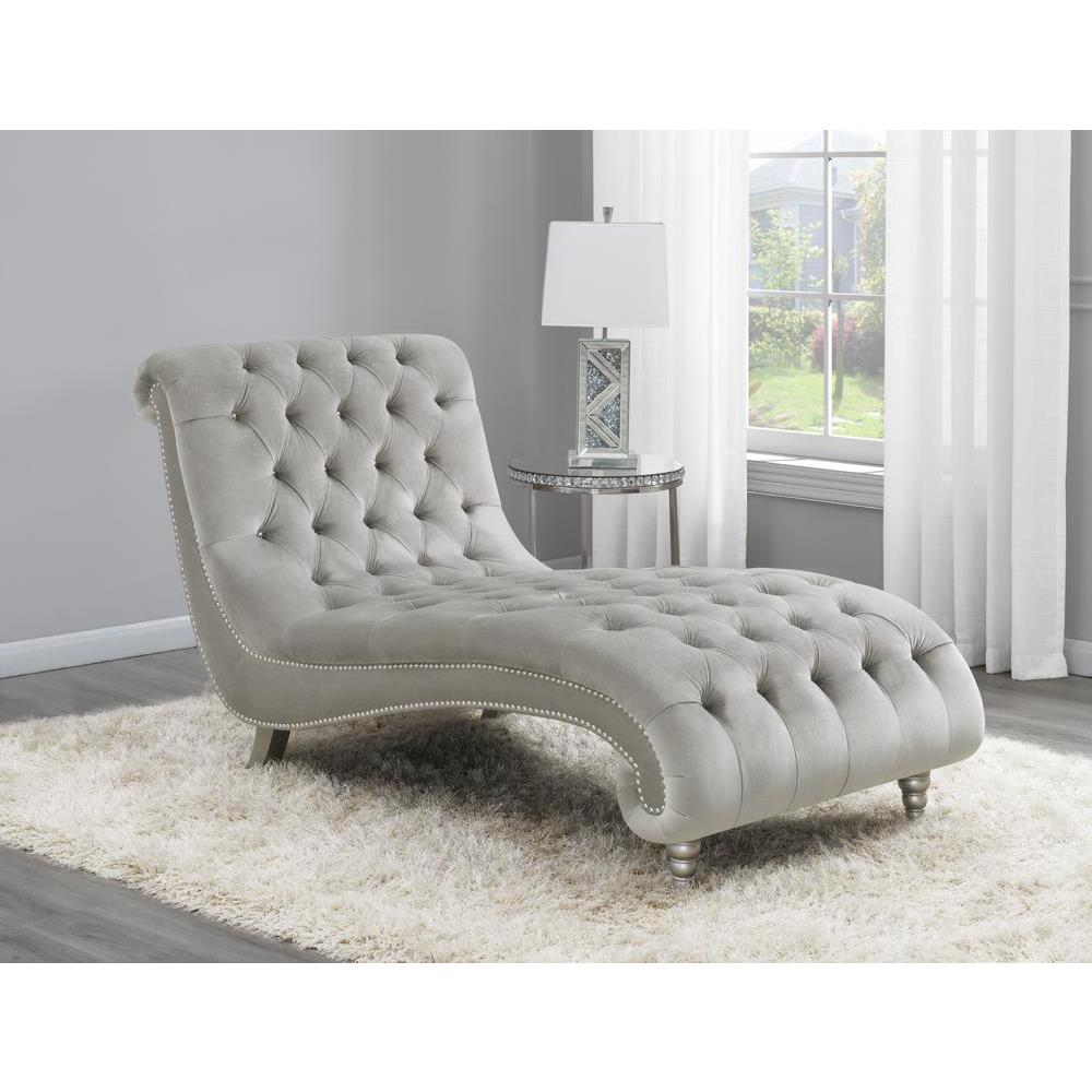 Lydia Tufted Cushion Chaise with Nailhead Trim Grey. Picture 1