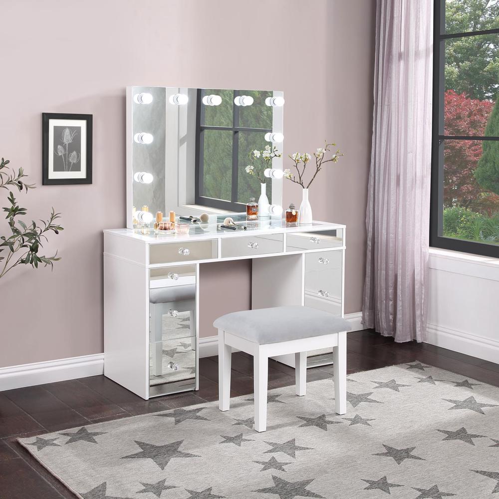 Regina 3-piece Makeup Vanity Table Set Hollywood Lighting White and Mirror. Picture 14