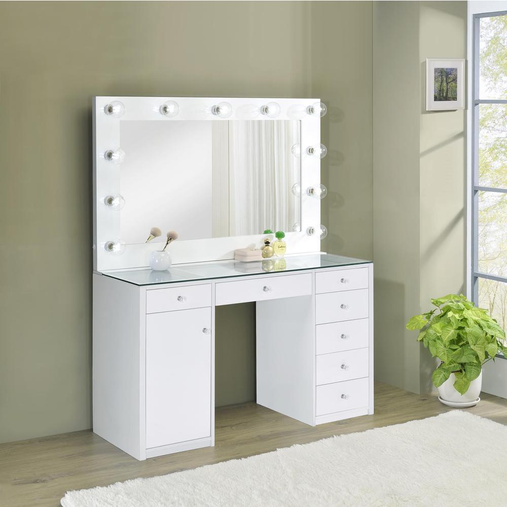 Acena 7-drawer Glass Top Vanity Desk with Lighting White. Picture 1