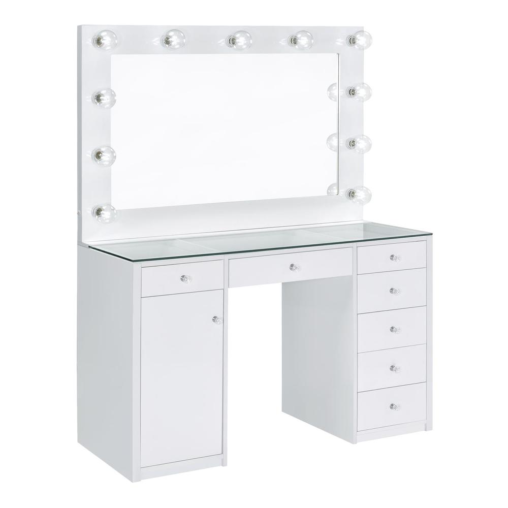 Acena 7-drawer Glass Top Vanity Desk with Lighting White. Picture 2