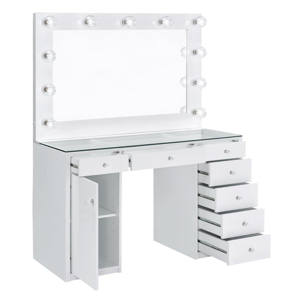 Acena 7-drawer Glass Top Vanity Desk with Lighting White. Picture 3