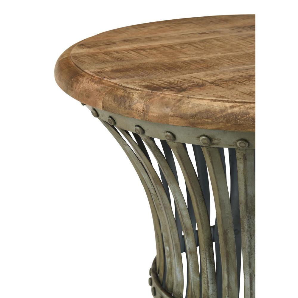 Matyas Round Accent Table with Natural Top and Blue Distressed Base. Picture 7