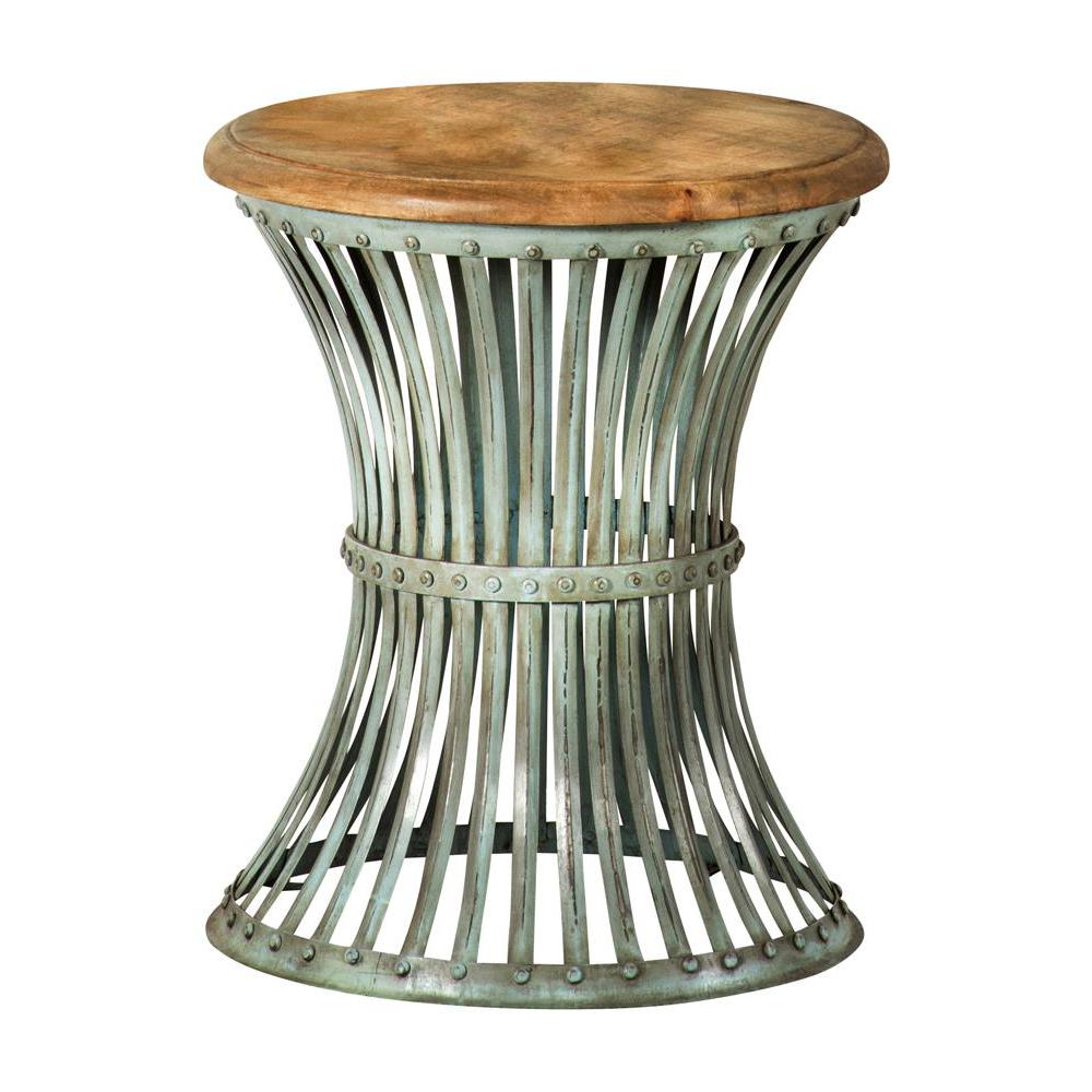 Matyas Round Accent Table with Natural Top and Blue Distressed Base. Picture 8