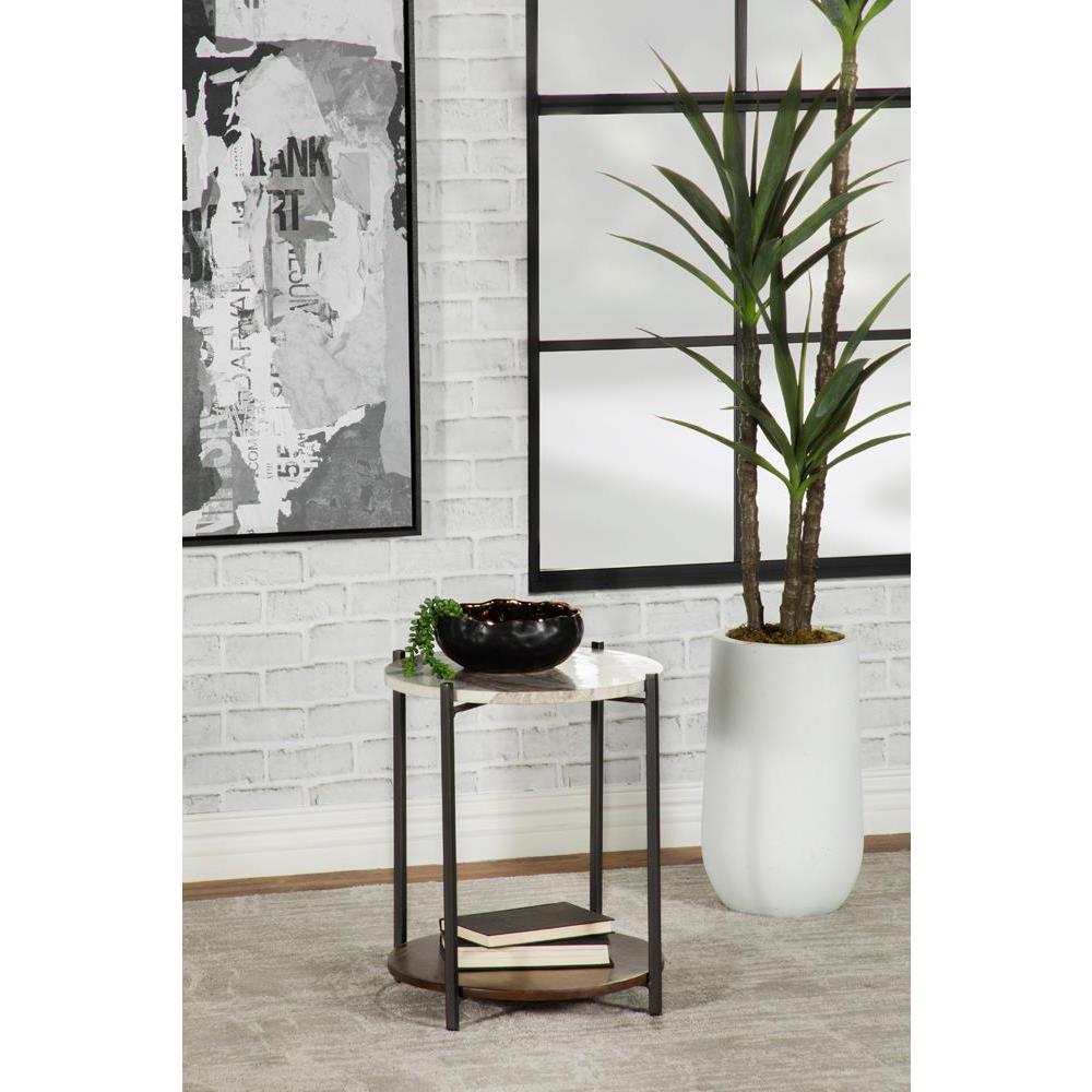 Noemie Round Accent Table with Marble Top White and Gunmetal. Picture 1