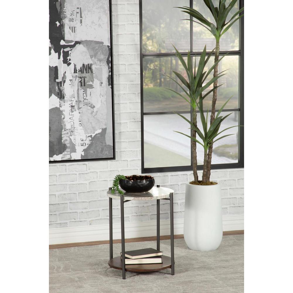 Noemie Round Accent Table with Marble Top White and Gunmetal. Picture 2