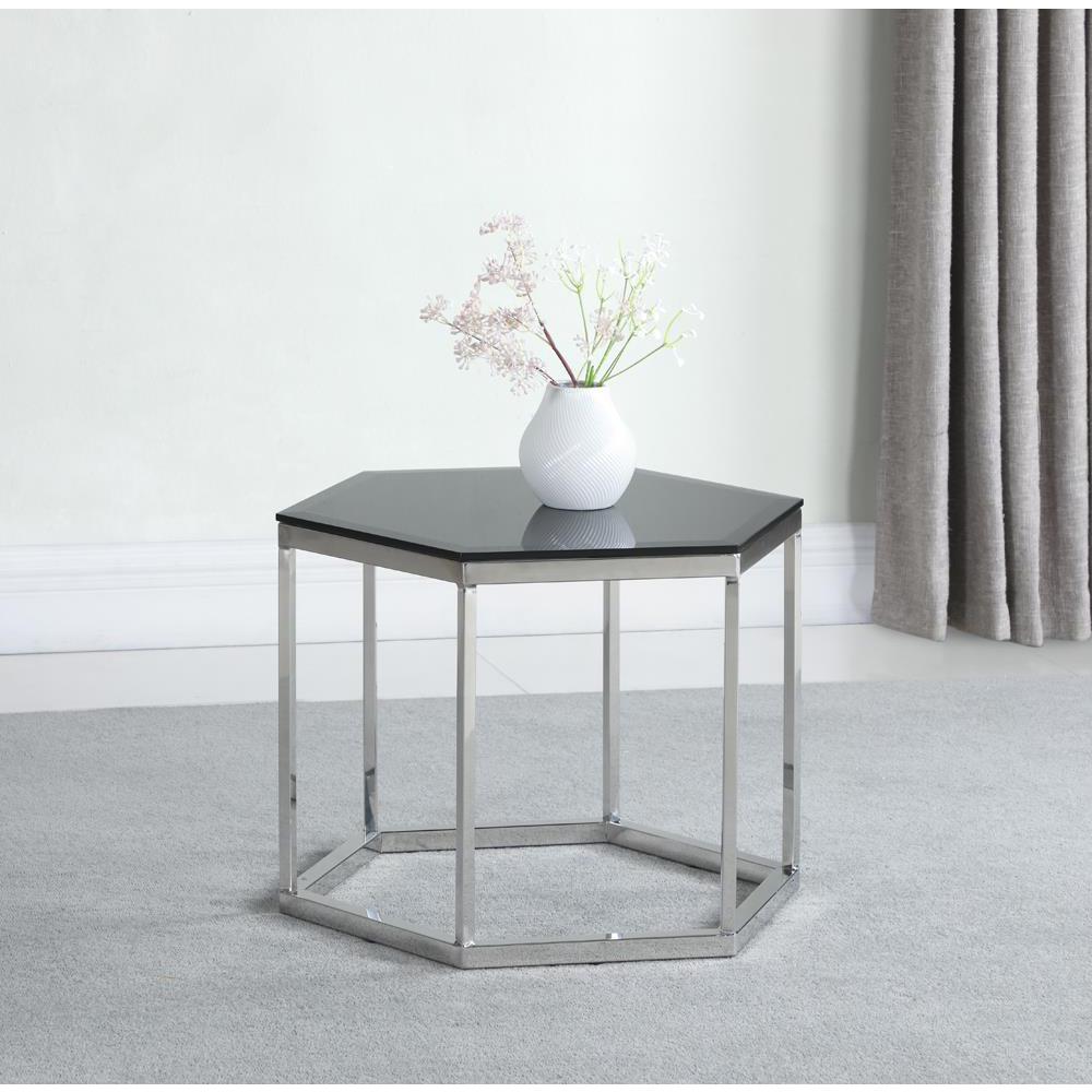 Hexagon Glass Top Accent Table Black and Silver. Picture 1