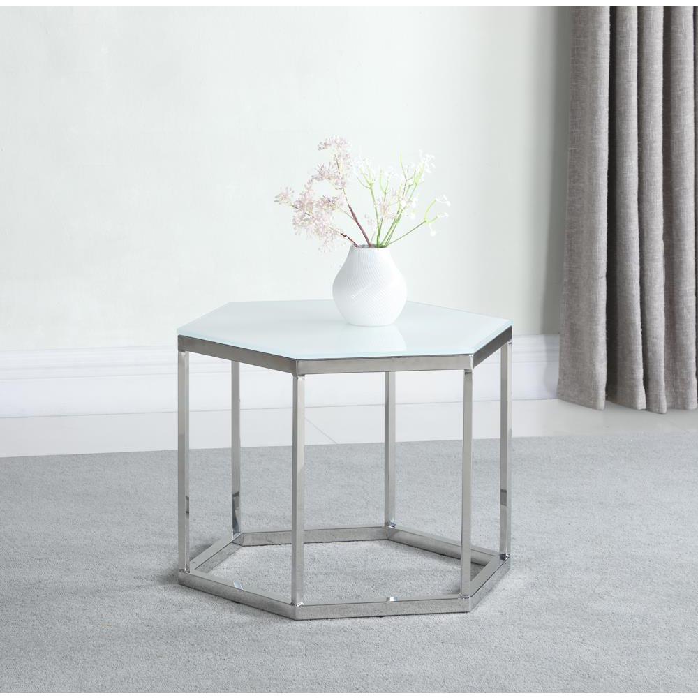 Hexagon Glass Top Accent Table White And Silver. Picture 1