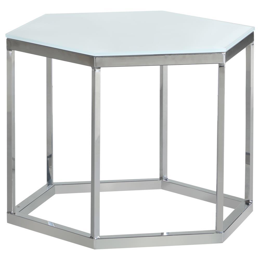 Hexagon Glass Top Accent Table White And Silver. Picture 2