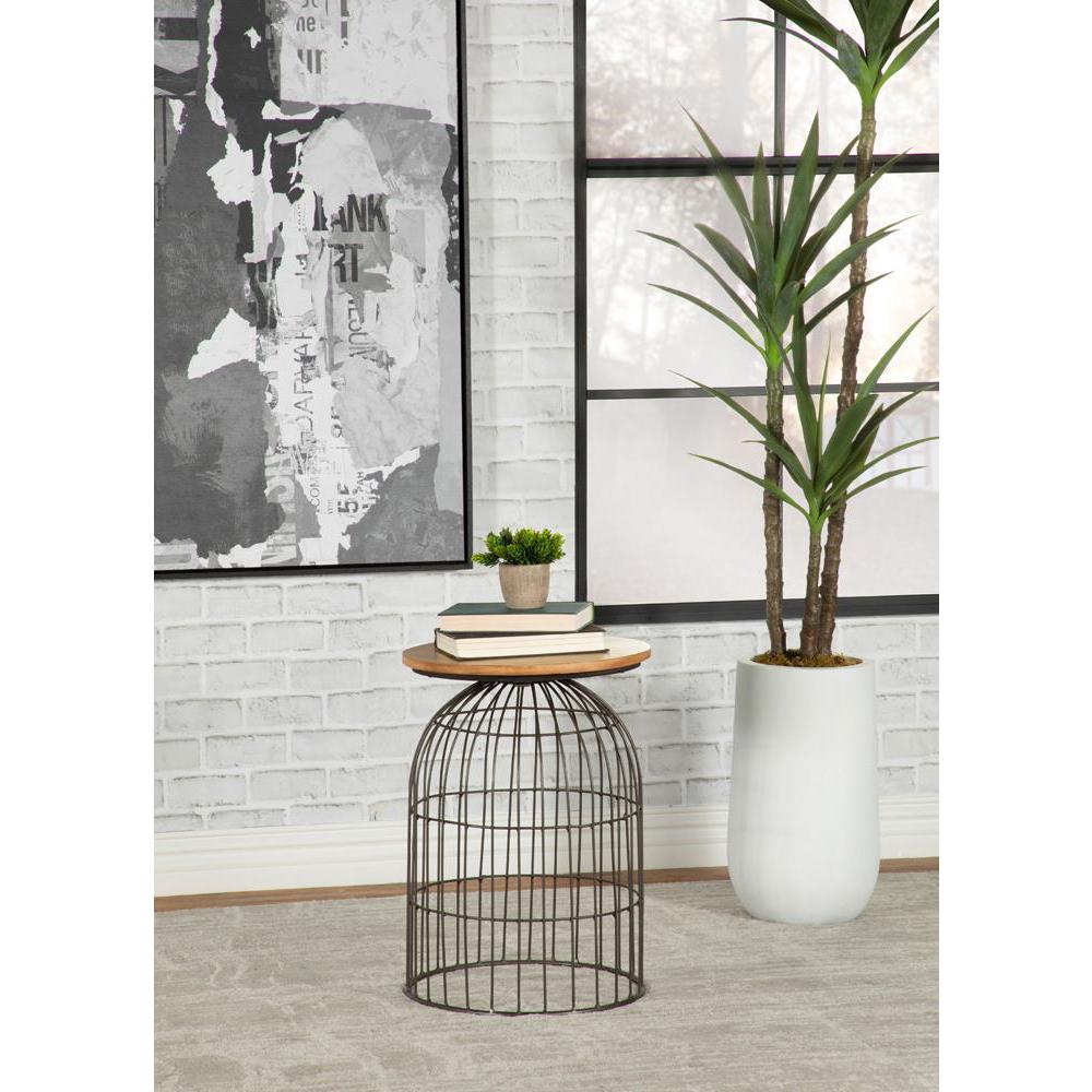 Bernardo Round Accent Table with Bird Cage Base Natural and Gunmetal. Picture 1