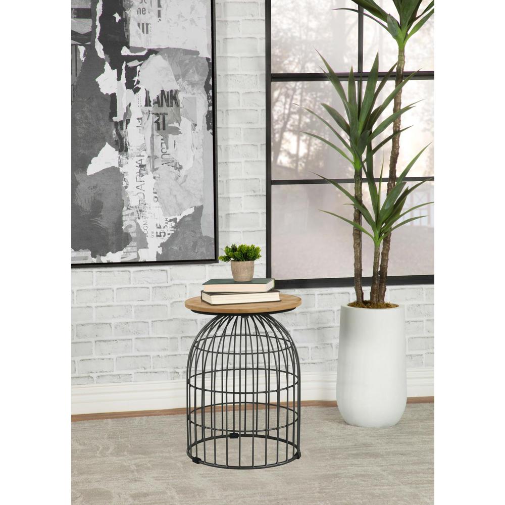 Bernardo Round Accent Table with Bird Cage Base Natural and Gunmetal. Picture 2