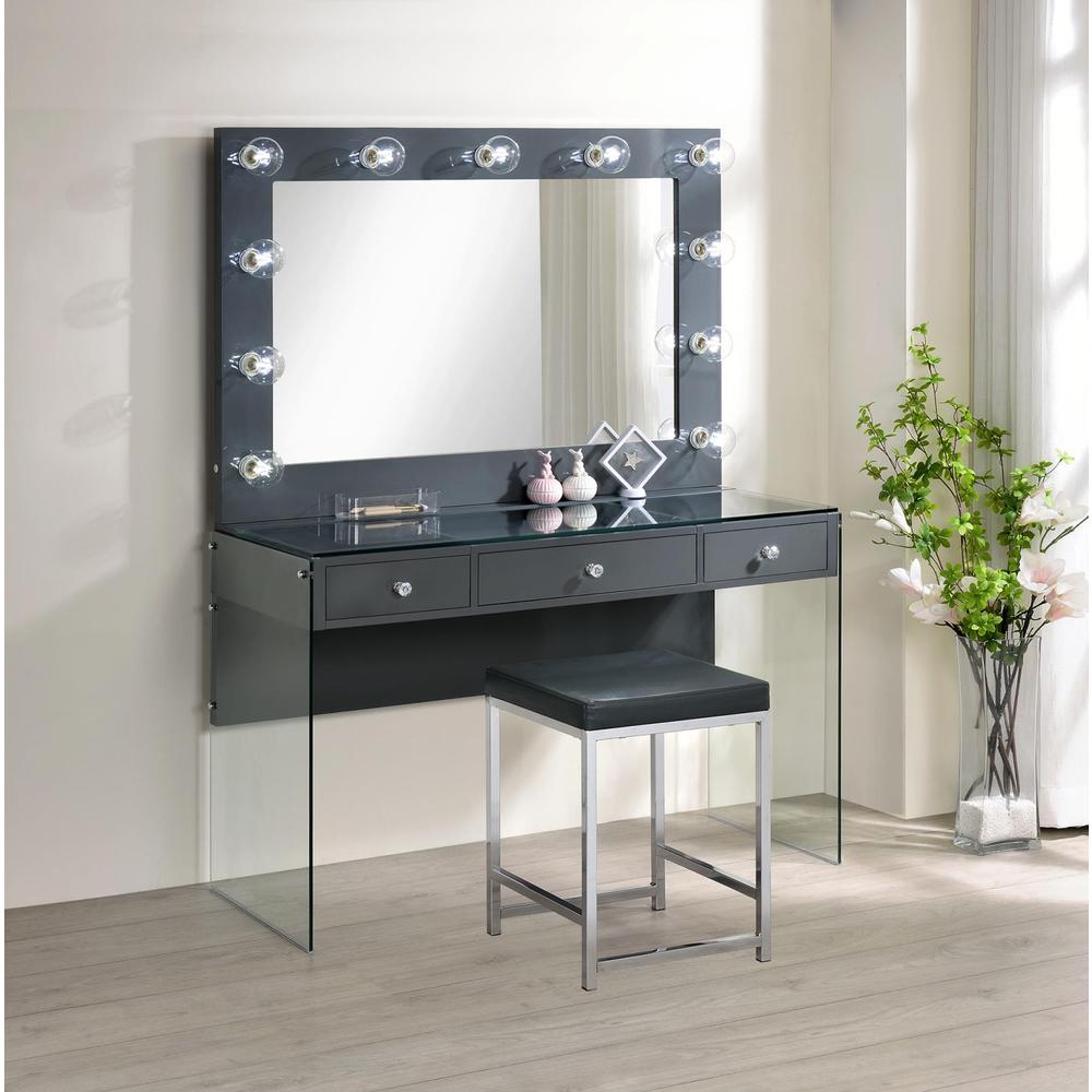 Afshan 3-drawer Vanity Desk with Lighting Mirror Grey High Gloss. Picture 2