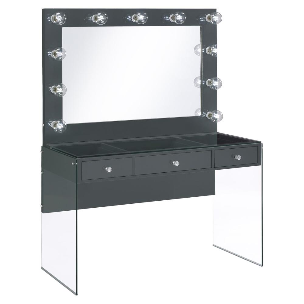 Afshan 3-drawer Vanity Desk with Lighting Mirror Grey High Gloss. Picture 3