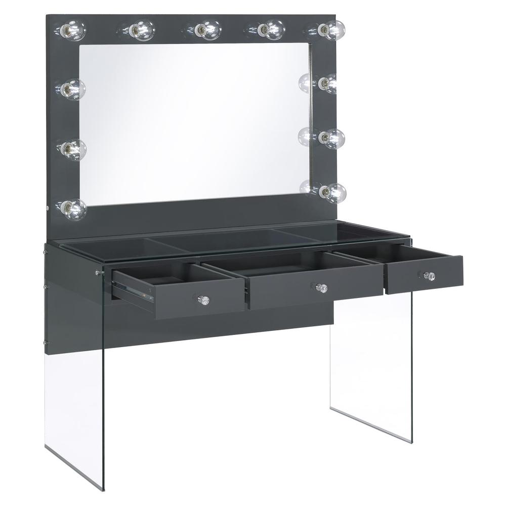 Afshan 3-drawer Vanity Desk with Lighting Mirror Grey High Gloss. Picture 4