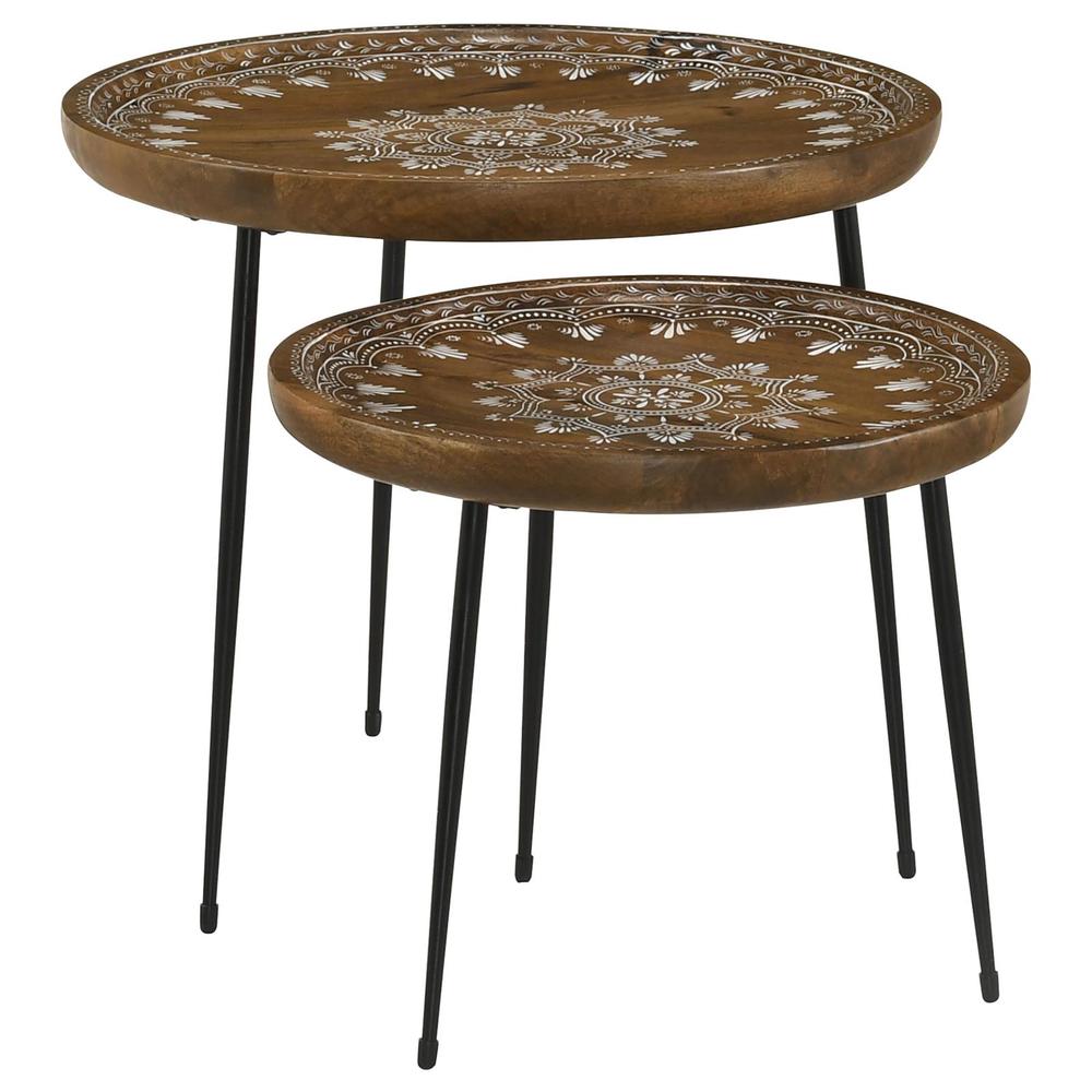 Nuala 2-piece Round Nesting Table with Tripod Tapered Legs Honey and Black. Picture 3