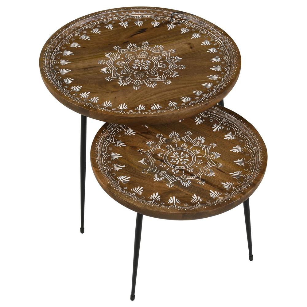Nuala 2-piece Round Nesting Table with Tripod Tapered Legs Honey and Black. Picture 4