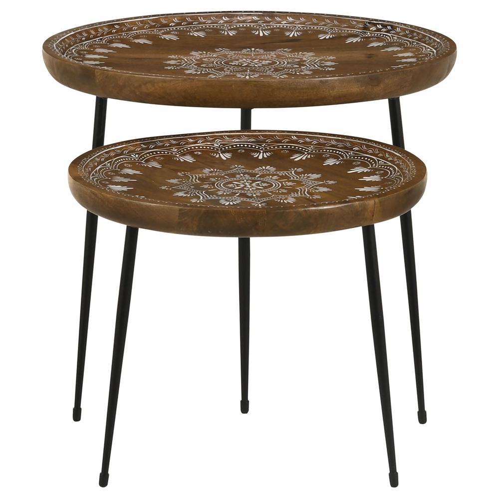 Nuala 2-piece Round Nesting Table with Tripod Tapered Legs Honey and Black. Picture 5