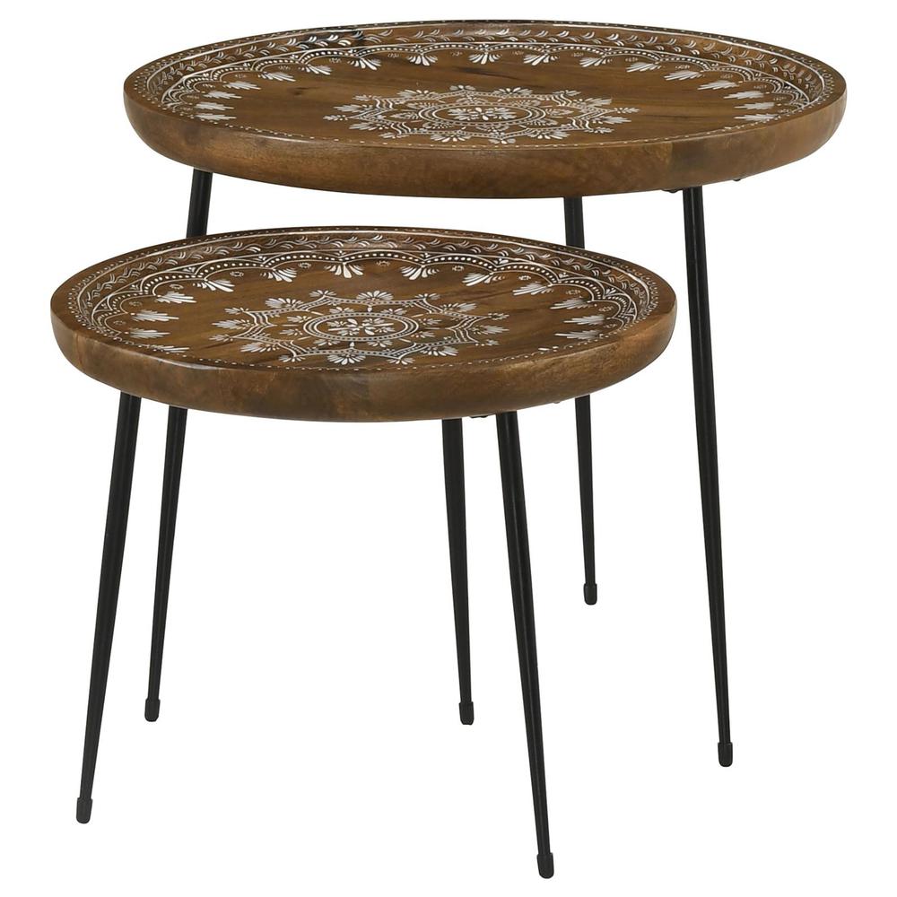 Nuala 2-piece Round Nesting Table with Tripod Tapered Legs Honey and Black. Picture 6