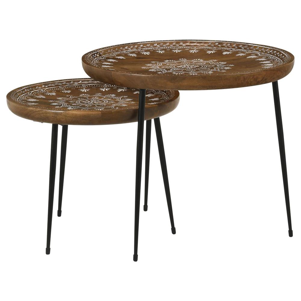 Nuala 2-piece Round Nesting Table with Tripod Tapered Legs Honey and Black. Picture 8