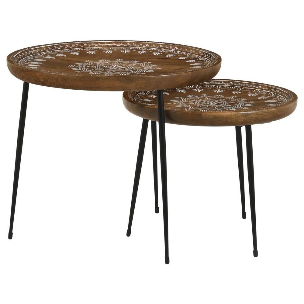 Nuala 2-piece Round Nesting Table with Tripod Tapered Legs Honey and Black. Picture 9