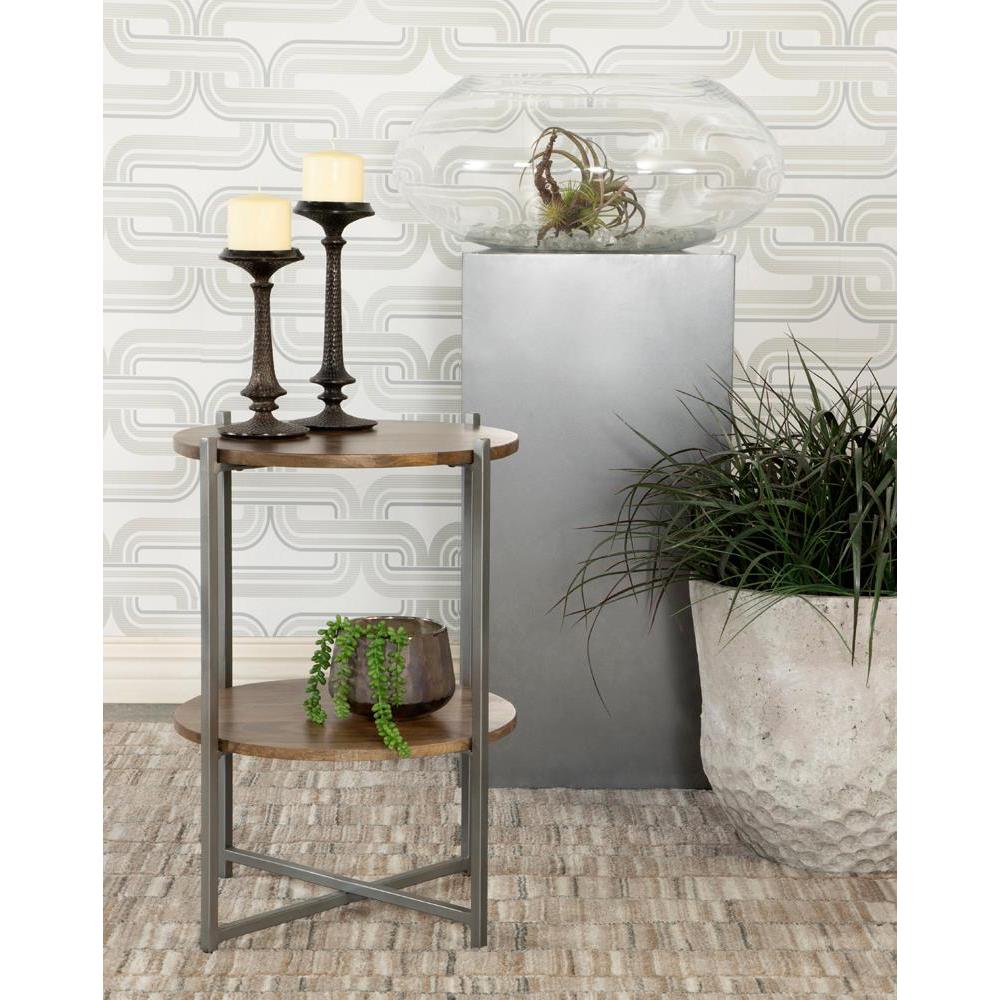 Axel Round Accent Table with Open Shelf Natural and Gunmetal. Picture 1