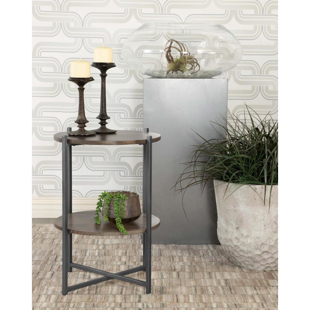Axel Round Accent Table with Open Shelf Natural and Gunmetal. Picture 2