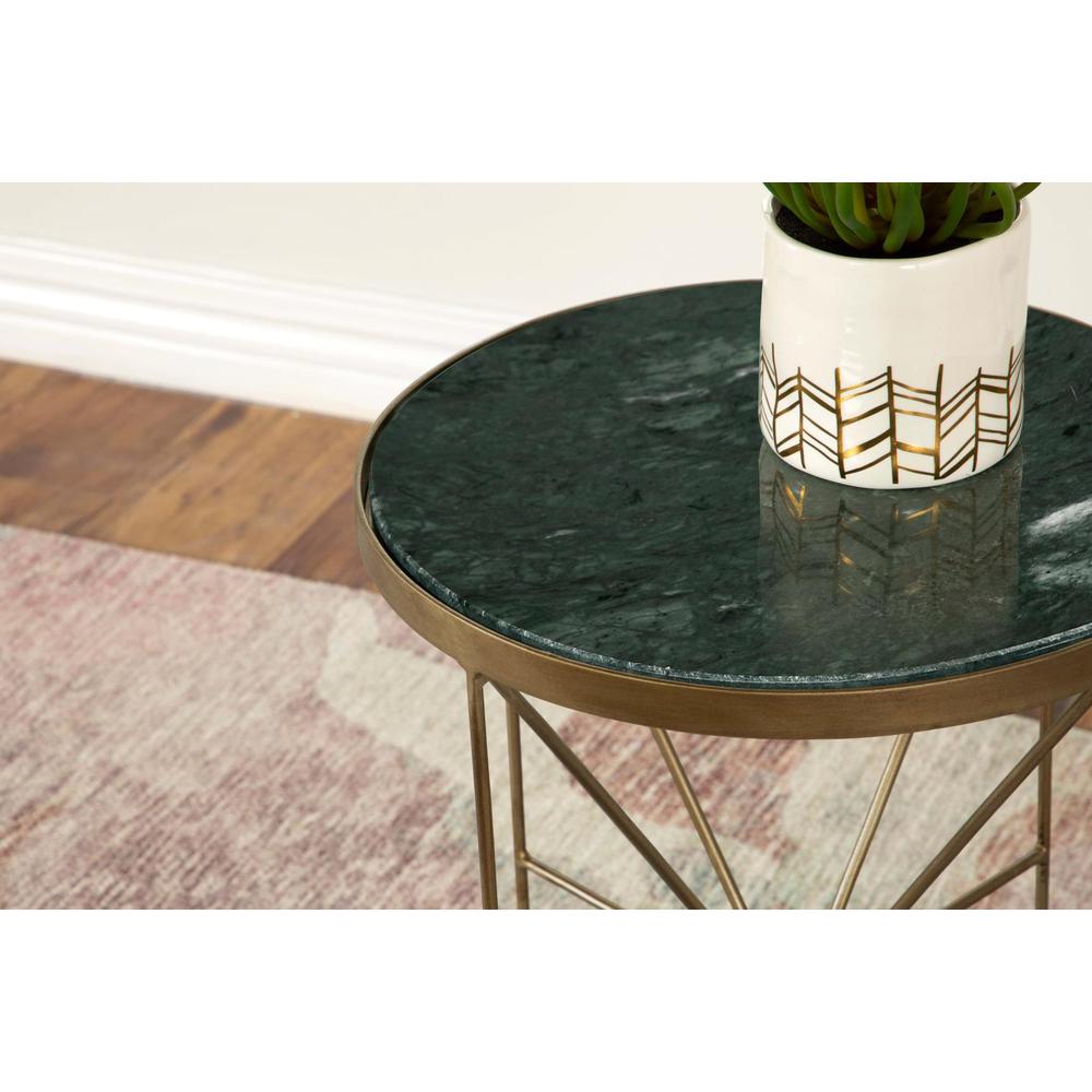 Eliska Round Accent Table with Marble Top Green and Antique Gold. Picture 6
