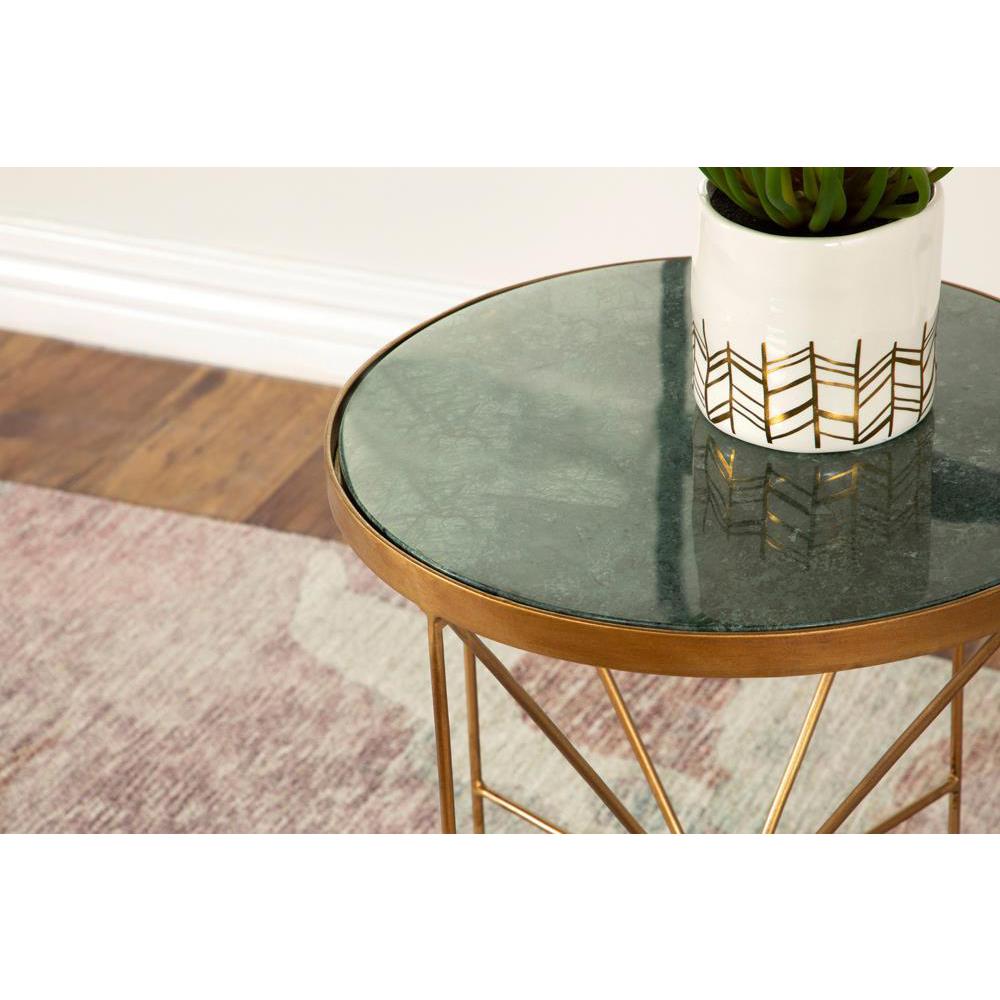 Eliska Round Accent Table with Marble Top Green and Antique Gold. Picture 9