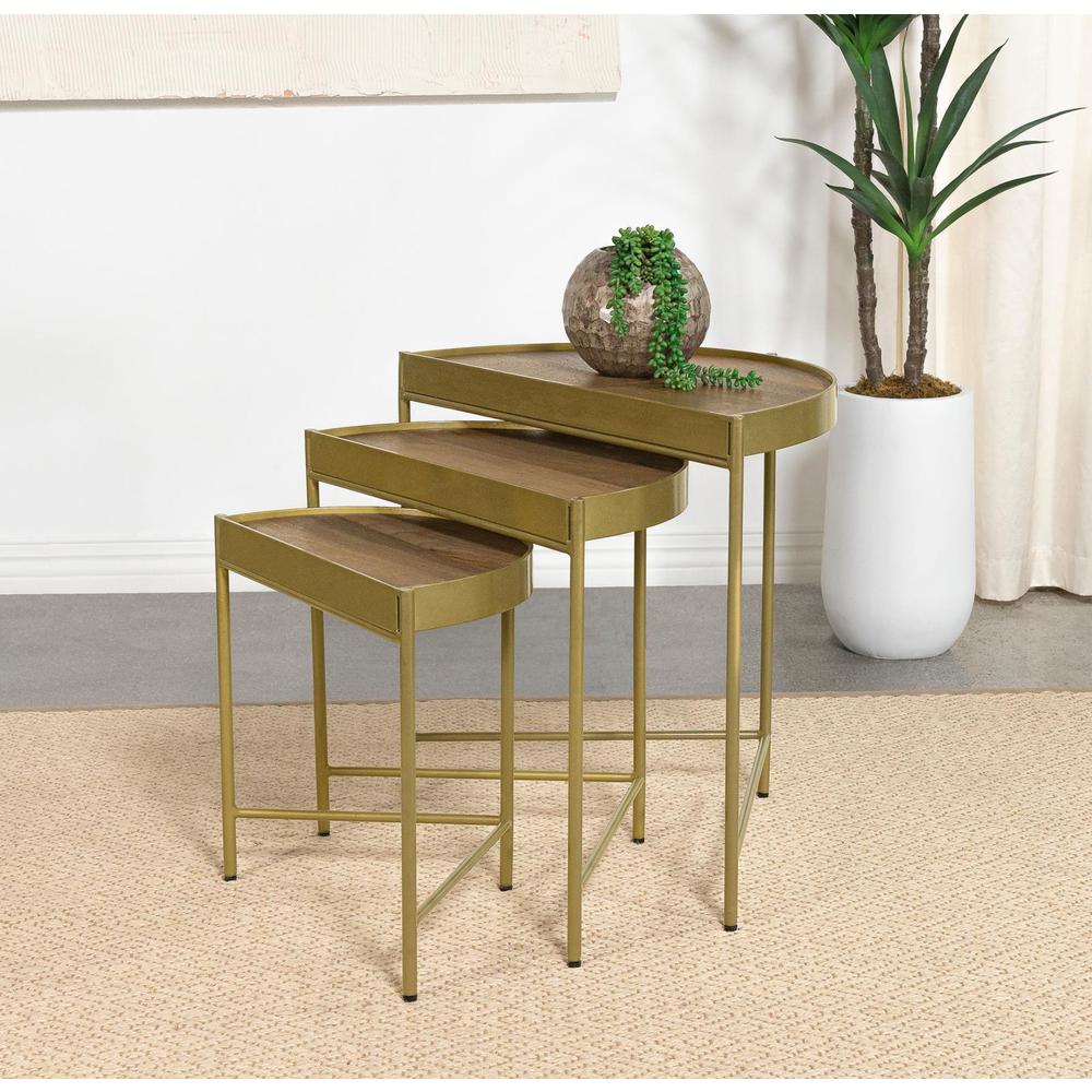 Tristen 3-Piece Demilune Nesting Table With Recessed Top Brown and Gold. Picture 7