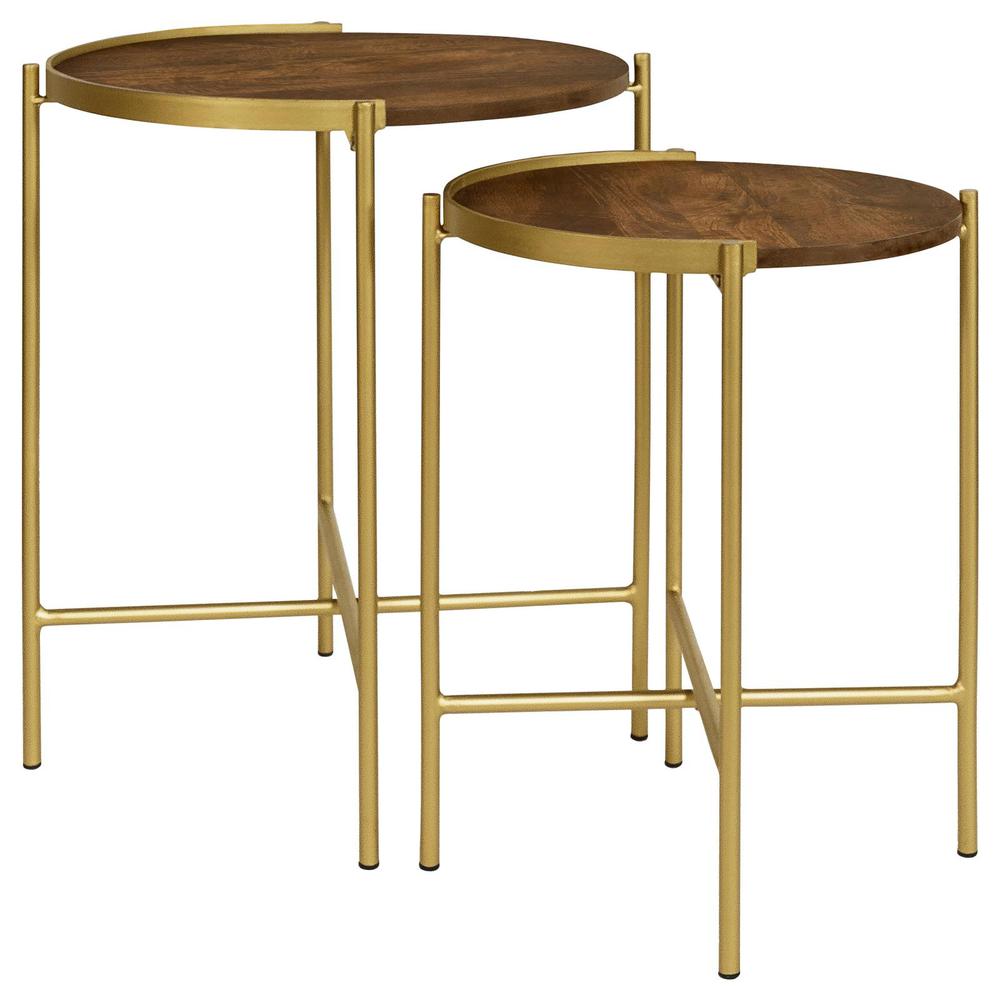 Malka 2-piece Round Nesting Table Dark Brown and Gold. Picture 1