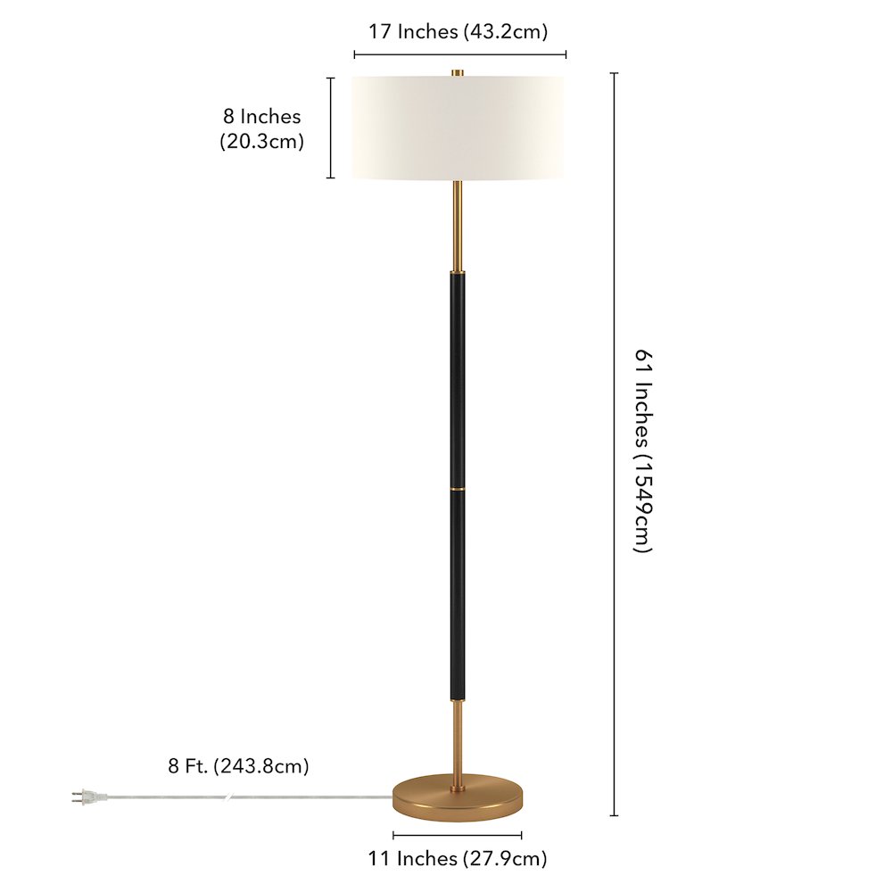 Simone 2-Light Floor Lamp with Fabric Shade in Matte Black/Brass/White. Picture 4