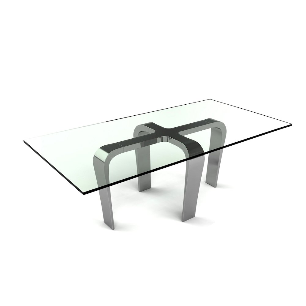 Designer Louis Lara's Cirrus table has polished base connector with brushed stainless steel and 15mm Tempered glass Top Smoke. Picture 1