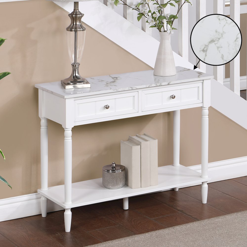 French Country 2 Drawer Hall Table with Shelf, White Faux Marble/White. Picture 3