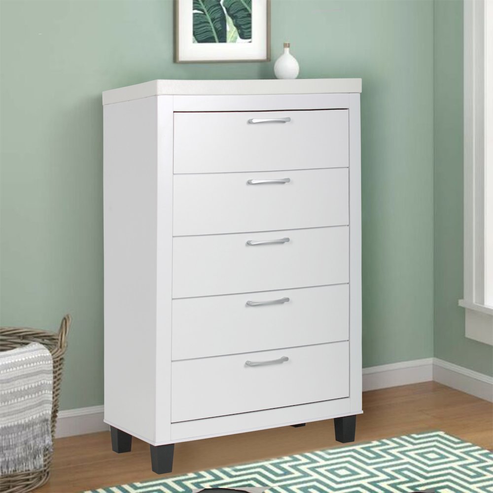 Better Home Products Elegant 5 Drawer Chest of Drawers for Bedroom in White. Picture 6
