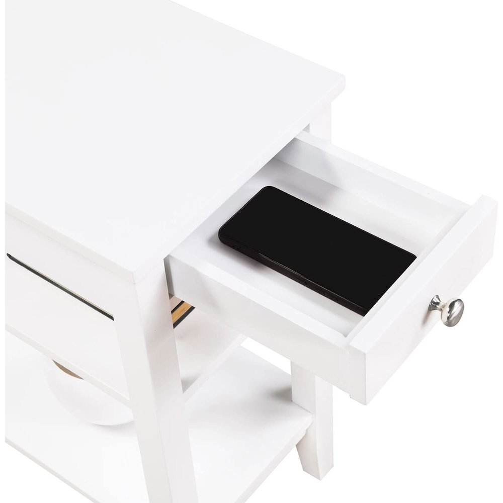 American Heritage 1 Drawer Chairside End Table with Charging Station and Shelves, White. Picture 3