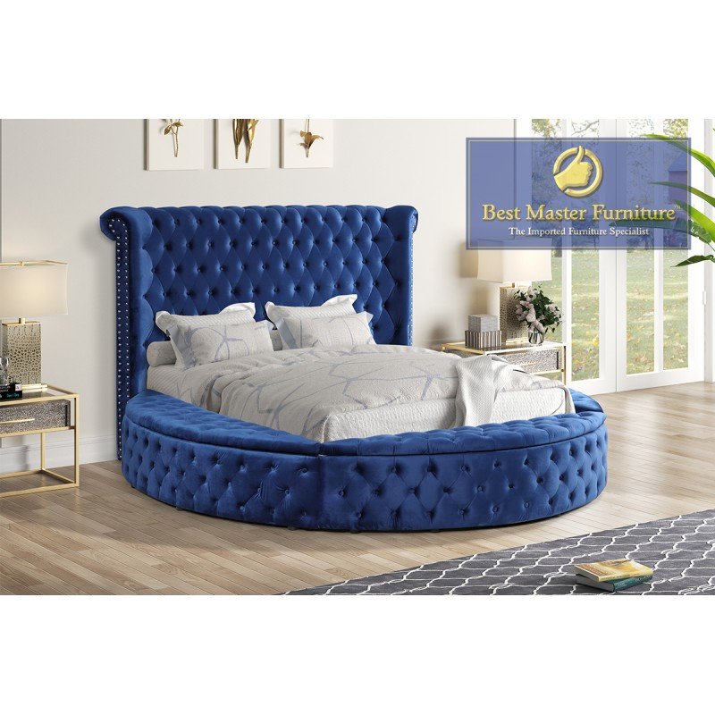 Best Master Furniture Isabella Velvet Platform King Bed with Storage in Blue. Picture 1