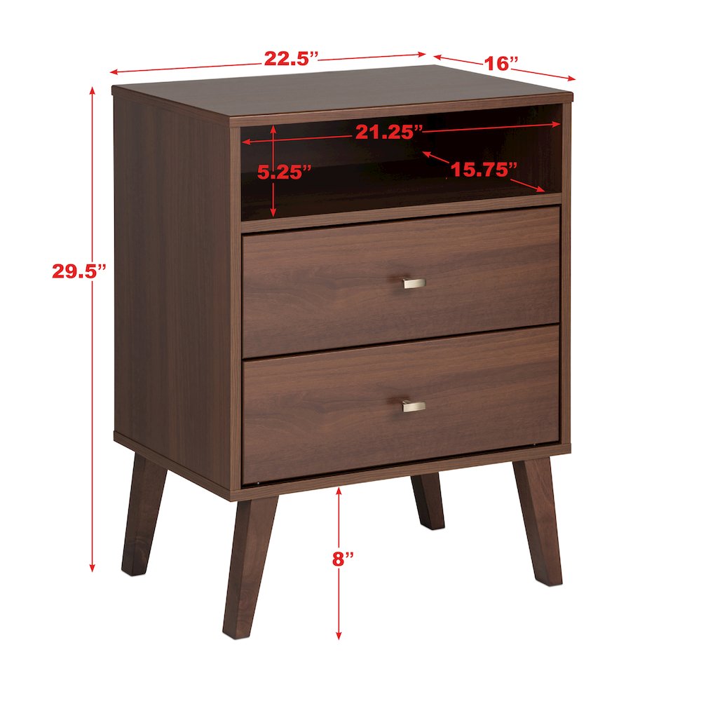 Milo 2-drawer Tall Nightstand with Open Shelf, Cherry. Picture 3