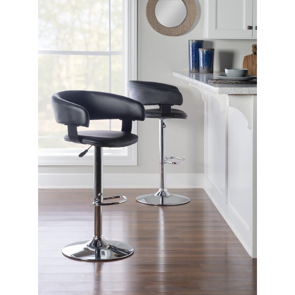 Black Faux Leather Barrel & Chrome Adjustable Height Bar Stool. Picture 10