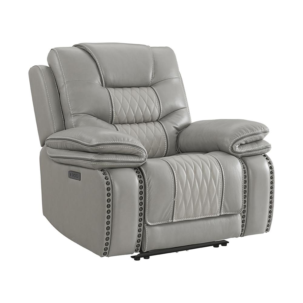 Dual-Power Recliner in Light Gray Leather. Picture 1