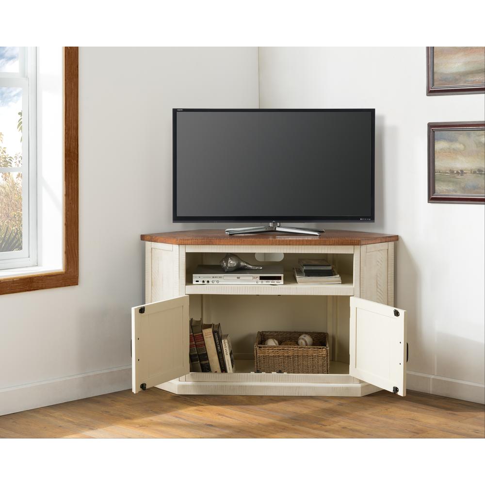 Rustic Corner TV Stand, Antique White and Honey. Picture 3